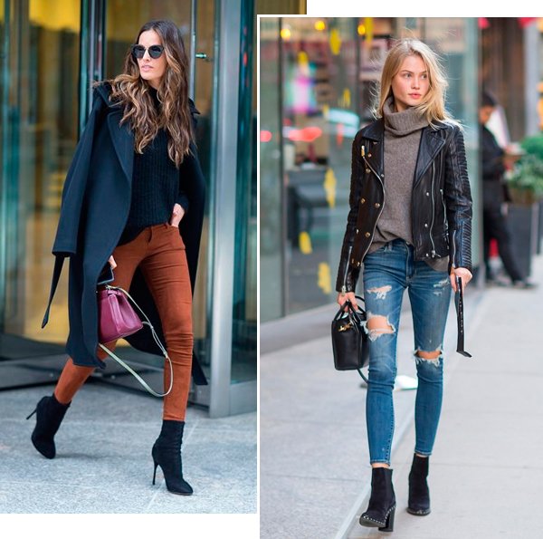 Street style look com modelos usando skinny jeans.