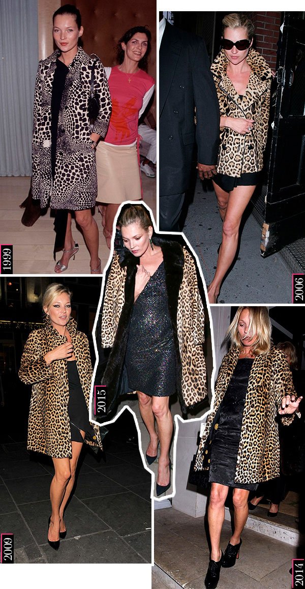 O look favorito da Kate Moss desde 1999: casaco animal print e vestido preto