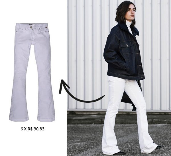 Street style look com calça flare jeans.