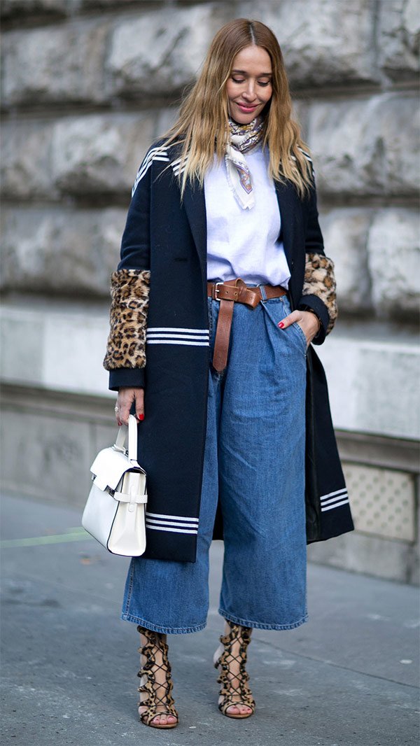 Street style look calça jeans culotte.