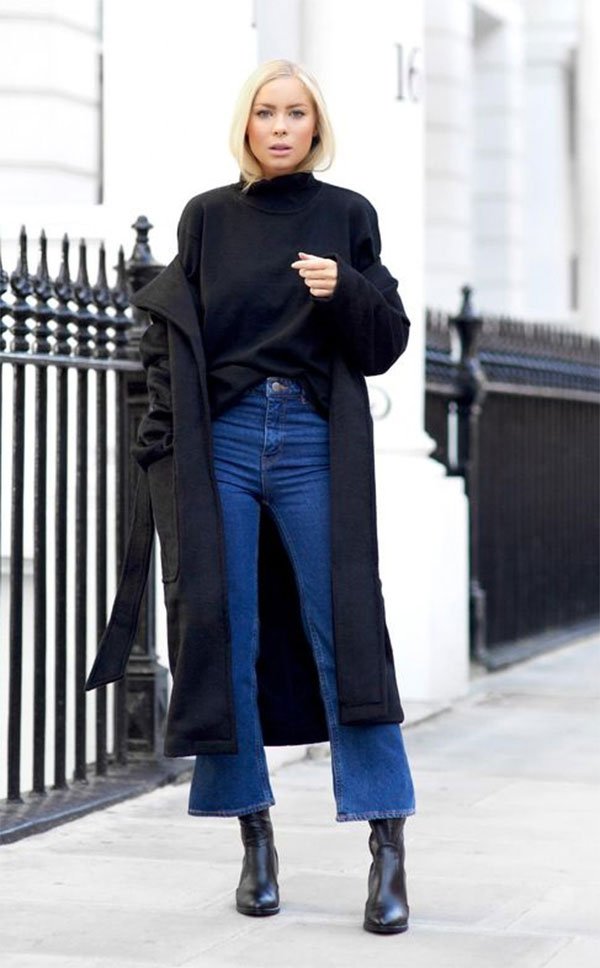 Street style look com calça jeans culotte.