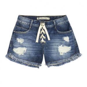 Shorts Jeans Feminino Com Amarração E Detalhes Destroyed