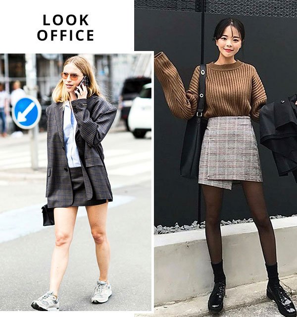 Look: óculos espelhado e saia xadrez