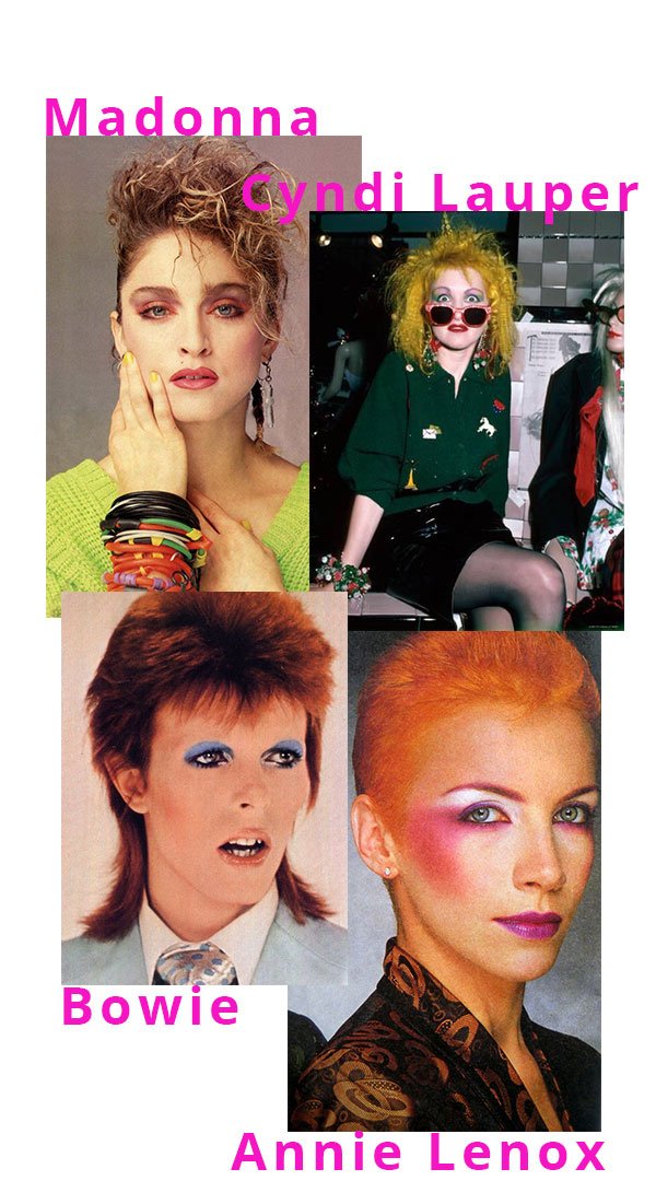Madonna Bowie Annie Lennox Cyndi Lauper - Maquiagem Colorida - maquiagem colorida - verão - beleza