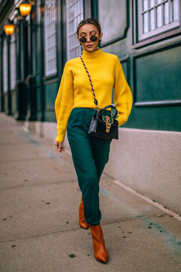 Jessica Wang - camisa, calça e bota - colorido - meia-estação - street style