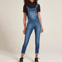 macacão jeans feminino skinny com bolsos azul médio