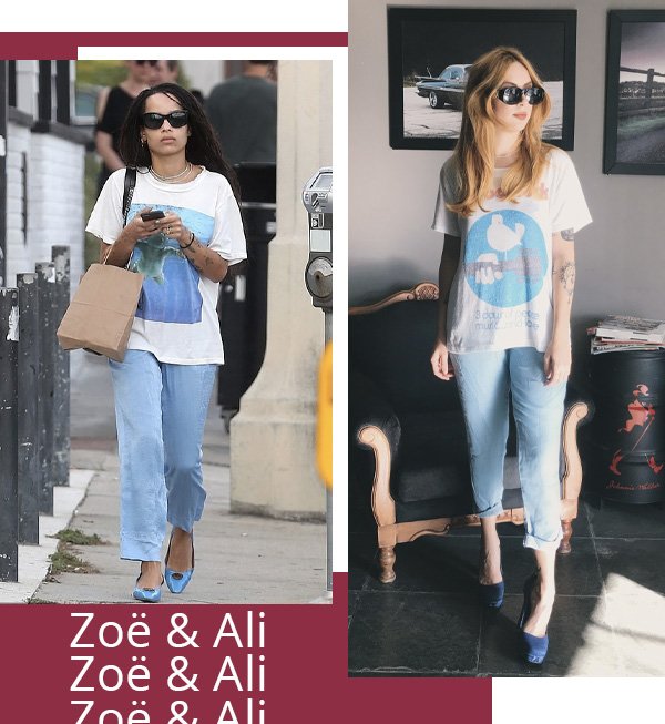 Zoë Kravitz, Ali Santos - calça azul e camiseta branca - Zoë Kravitz - inverno - street style