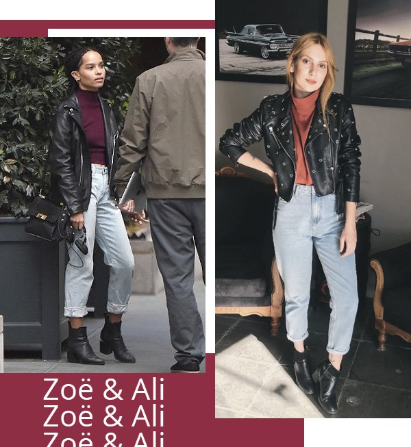 Zoë Kravitz, Ali Santos - blusa gola alta, jaqueta de couro e jeans - Zoë Kravitz - inverno - street style