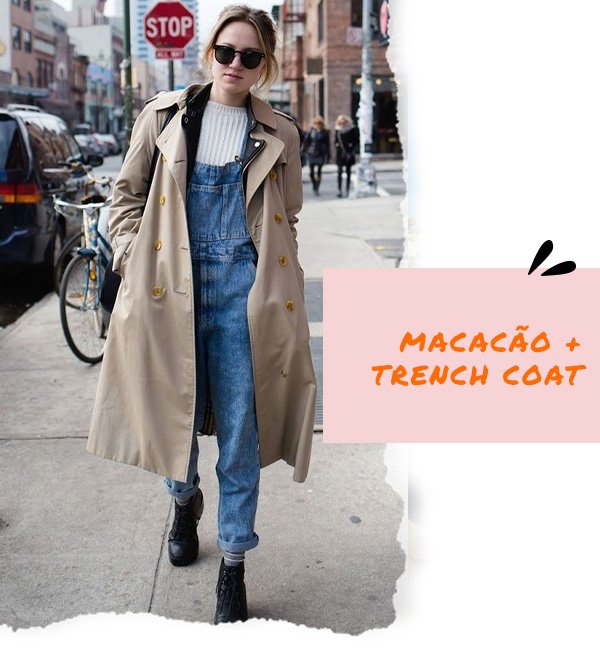 reprodução pinterest - macacão jeans e trench coat - sobreposição - inverno - street style