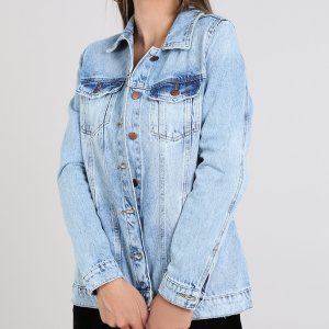 Jaqueta Jeans Feminina Com Bolsos Azul Médio