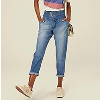 Calça Jeans Cintura Alta Com Cinto Aplicado - Azul