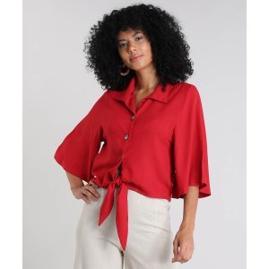 Camisa Feminina Ampla Com Linho E Amarração Manga Curta Vermelha