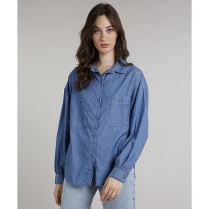 Camisa Jeans Feminina Mindset Ampla Com Bolsos Manga Longa Azul Médio
