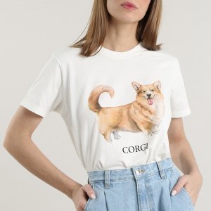 T-Shirt Feminina Mindset Cachorro Corgi Manga Curta Decote Redondo Off White