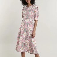 vestido feminino midi mindset estampado floral com vazado nas costas manga curta rosa claro