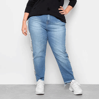 Calça Jeans Plus Size Razon Faixa Lateral Attitude Feminina - Azul