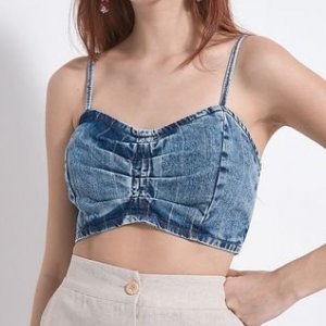 Blusa Cropped Jeans Maquinetada com Alças Finas