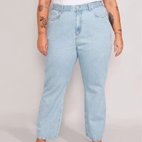 calça jeans feminina plus size mindset reta paris cintura alta azul claro