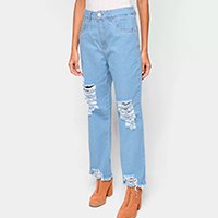 Calça Jeans Cropped Exco Com Puídos Cintura Alta Feminina - Azul Claro