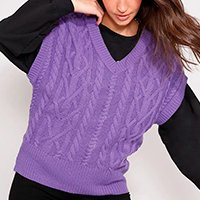 colete amplo de tricô texturizado trança decote v roxo
