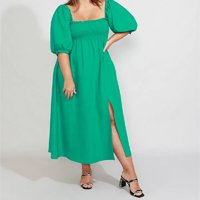 vestido de linho com lastex e fenda longo manga bufante mindset verde