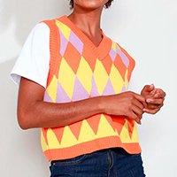 colete de tricô feminino mindset estampado de losangos decote v laranja