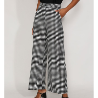 calça feminina pantalona wide cintura super alta alfaiataria estampada xadrez vichy preta