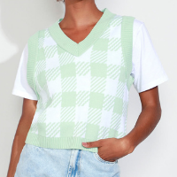 colete de tricô feminino mindset estampado xadrez vichy decote v verde claro