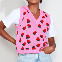 colete de tricô feminino mindset estampado de morangos decote v rosa