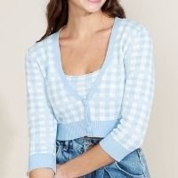 cardigan feminino em tricô cropped estampado xadrez azul claro