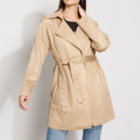 casaco trench coat de suede feminino transpassado com bolsos e cinto bege