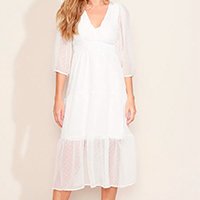 vestido texturizado de poá com recortes midi manga bufante off white