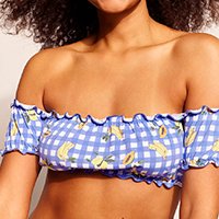 biquíni top emi beachwear ombro a ombro estampado picnic frutas manga curta com proteção uv50+ biodegradável azul