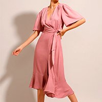 vestido de viscose com transpasse e fenda midi manga curta ampla rosê