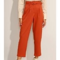 calça feminina carrot cintura alta alfaiataria com cinto laranja escuro