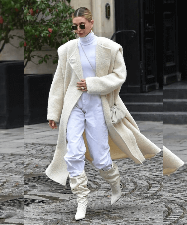 Hailey Bieber - Look monocromático  - como usar looks all white - Inverno  - Steal the Look  - https://stealthelook.com.br