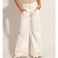 calça wide pantalona de sarja com recorte cintura média off white