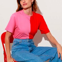 t-shirt de algodão bicolor manga curta decote redondo mindset vermelha