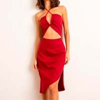 vestido curto de linho cut out com franzido e fenda frente única bff vermelho