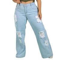 Calça Wide Leg Plus Size Feminina Jeans Destroyed Novidade - Azul Claro