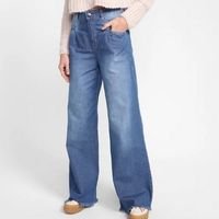 Calça Jeans Wide Leg Ecxo Estonada Feminina - Azul