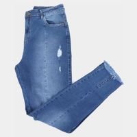 Calça Jeans Cigarrete Ecxo Plus Size Puídos Feminina - Azul