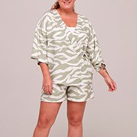 Pijama Curto Feminino Estampado Com Transpasse - Verde