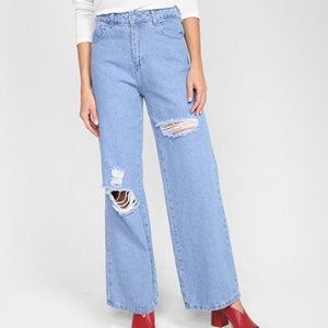 Calça Jeans Wide Leg Sawary Rasgada Cintura Alta Feminina - Feminino - Azul Claro
