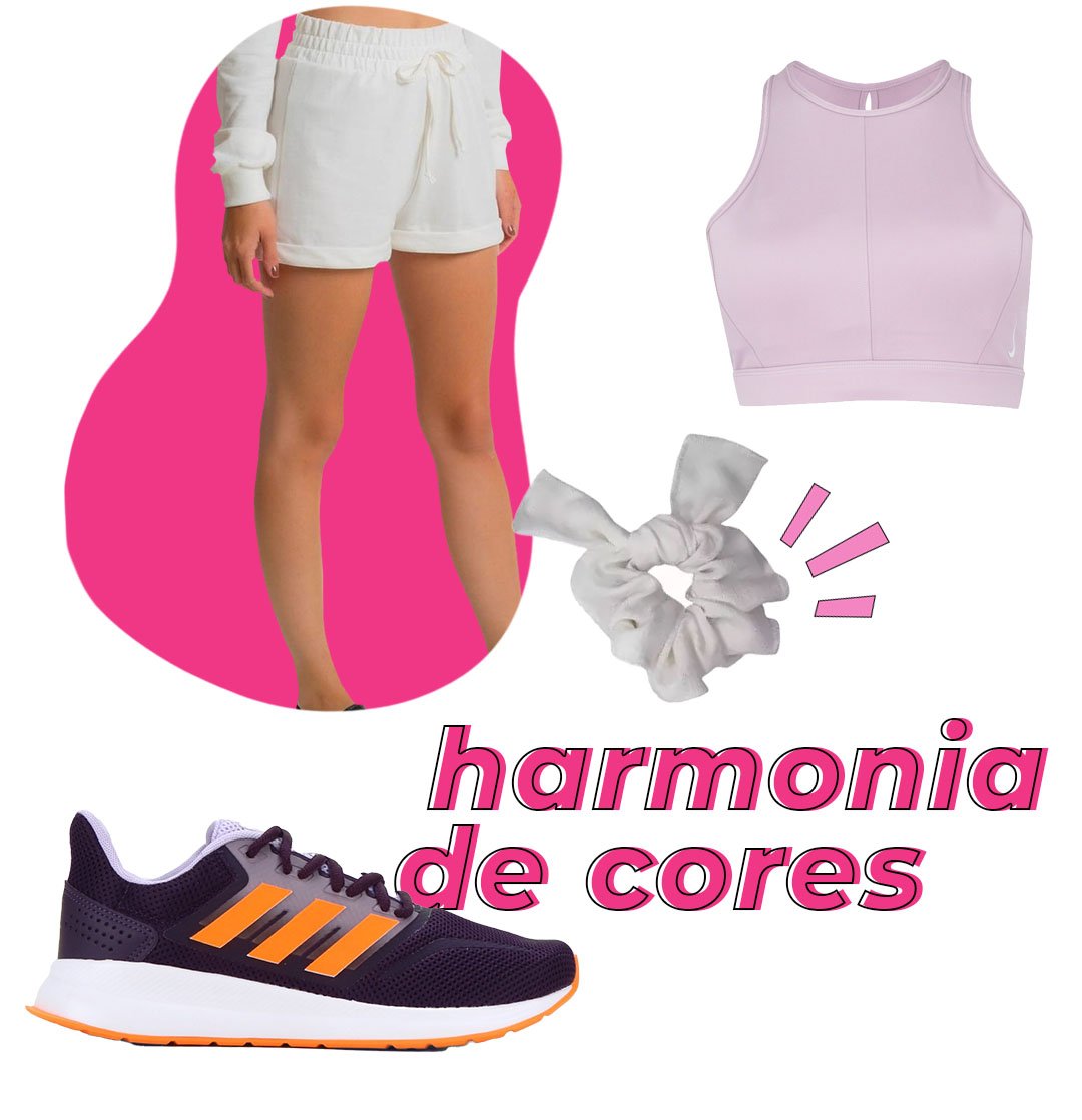 harmonia de cores - top lilás e shorts branco com tênis roxo e scrunchie - looks de academia coloridos - Verão 2022 - imagem autoral - https://stealthelook.com.br
