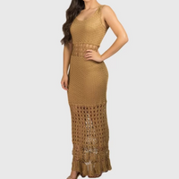 Vestido Longo Crochê Artesanal Exclusividade Livora Feminino - Dourado