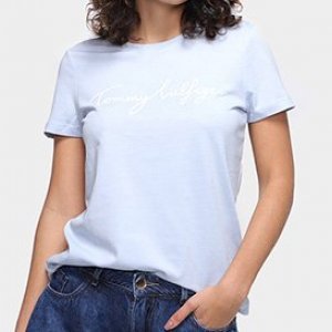 Camiseta Tommy Hilfiger Básica Logo Feminina - Feminino - Azul Claro