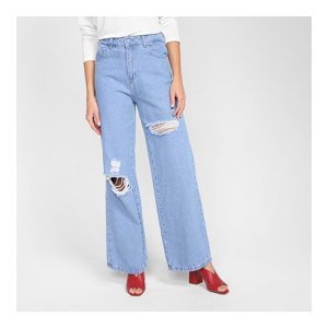 Calça Jeans Wide Leg Sawary Rasgada Cintura Alta Feminina - Feminino - Azul Claro
