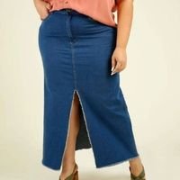 Saia Longa Plus Size Feminina Jeans Fenda Barra Desfiada - 10046438423 - Azul