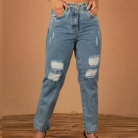 Calça Jeans Mom Feminina Cintura Alta Destroyed Casual - Azul